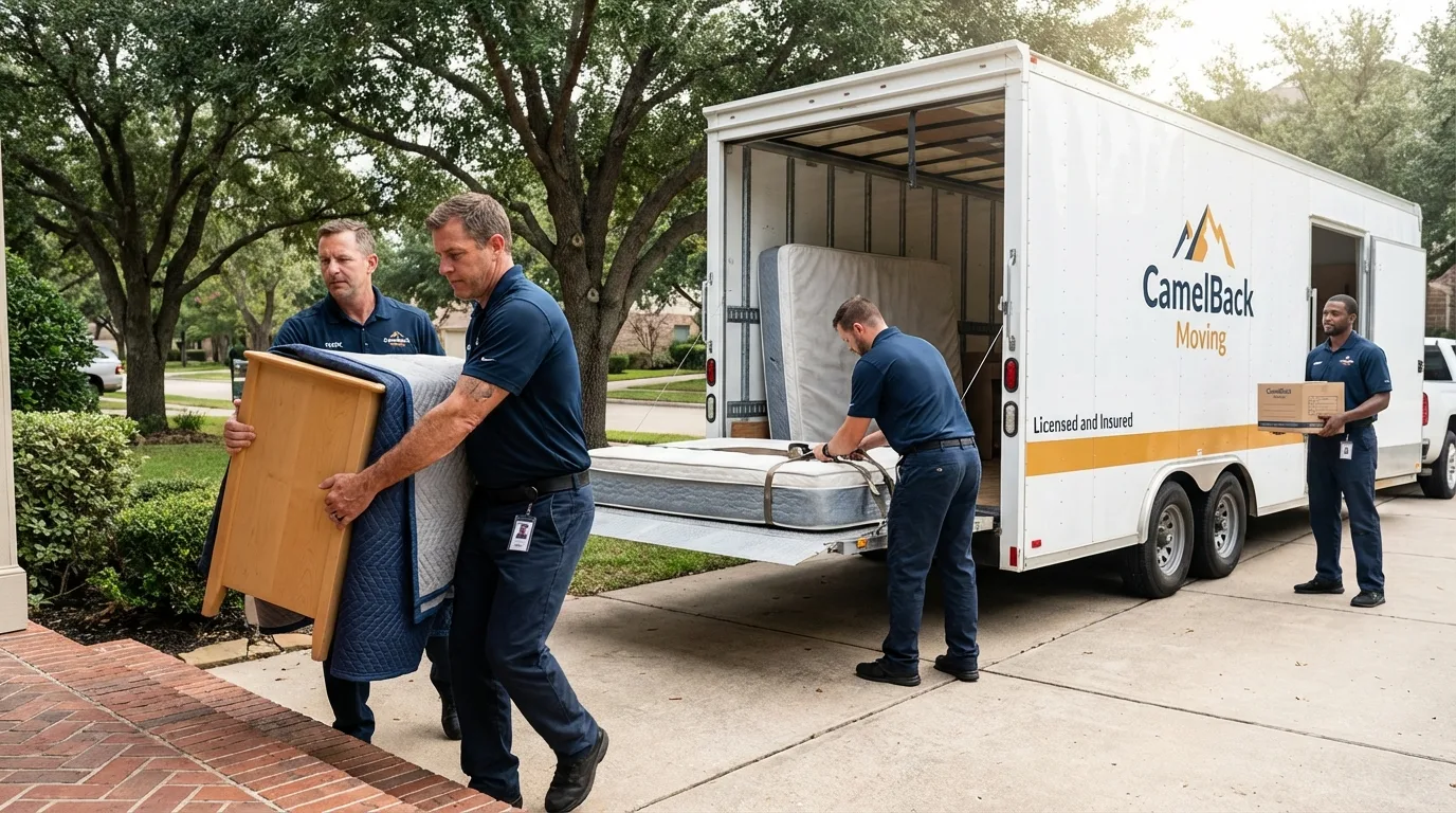 Crew loading residential truck for cross-state move from Rio Grande City, TX