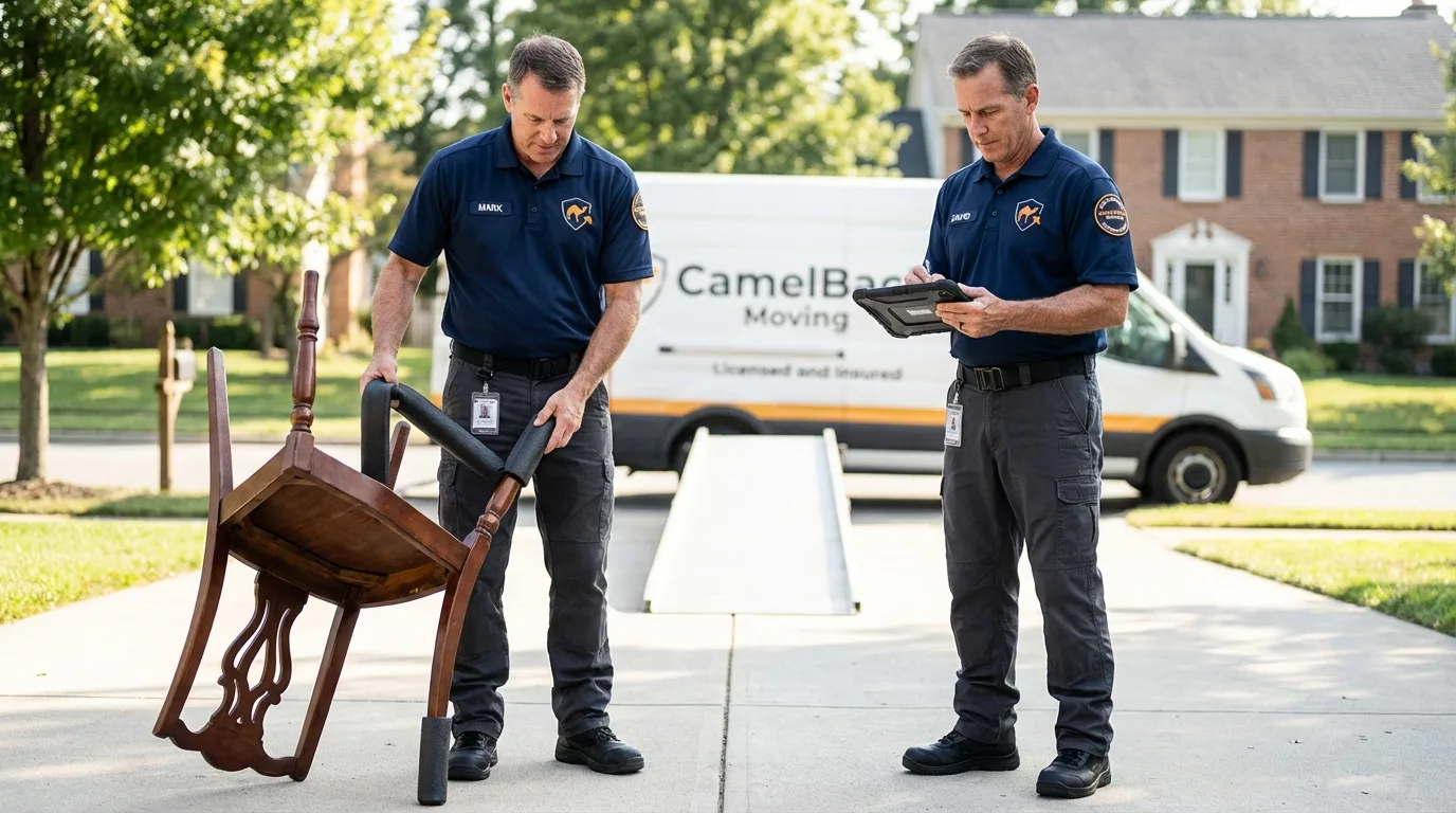 Movers inspecting furniture for damage prevention before loading in Rio Grande City, TX