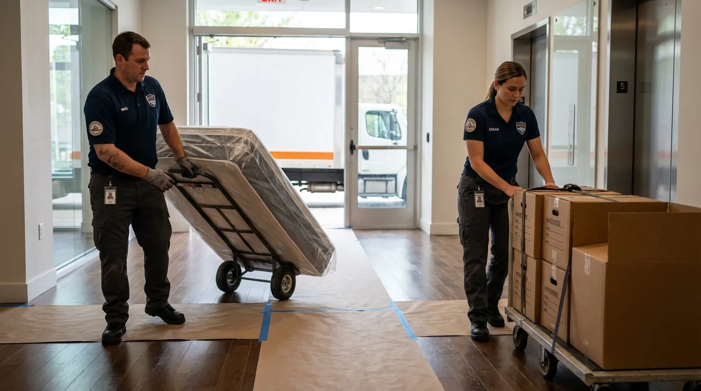 Professional apartment movers loading elevator in Rio Grande City, TX