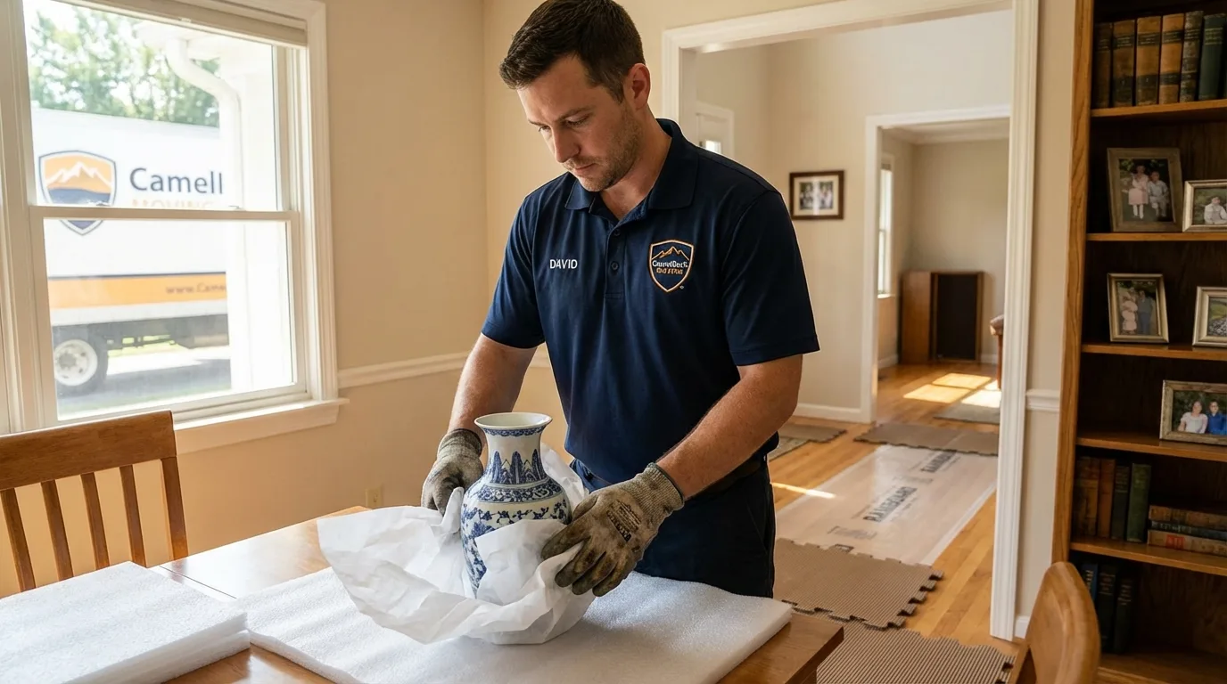 Professional crew carefully wrapping antique vase for senior downsizing move in Rio Grande City, TX